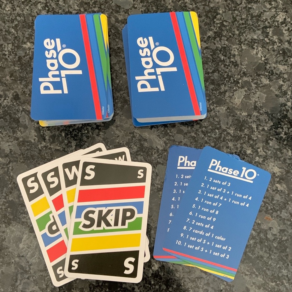 Phase 10 Card Game, build combinations of cards called phases, similar to rummy